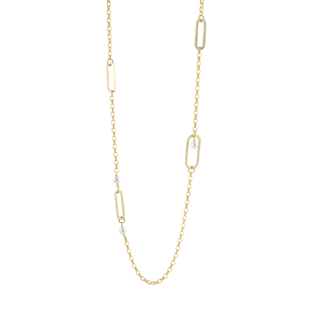 Women's Long Necklace Links 01L15-02254 Loisir Gold Plated Brass With Elements And Pearls